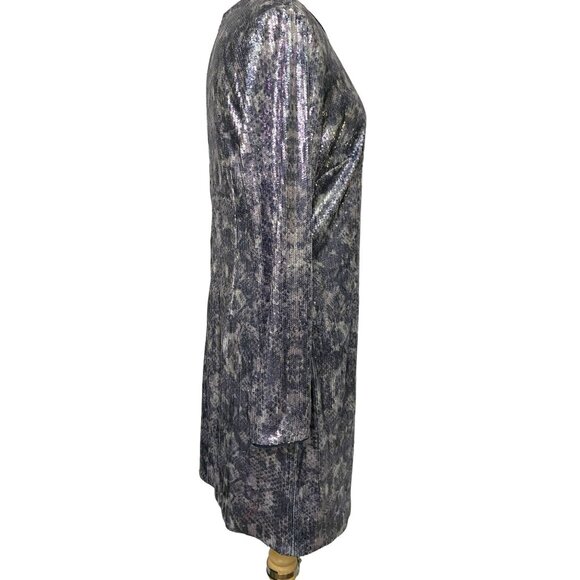 Vince Camuto Sequined Snake Embossed Long Sleeve Dress Sz 12 Silver Gray NEW - Picture 2 of 8